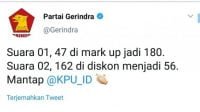 Partai Gerindra melalui akun twitternya @Gerindra mengunggah adanya perbedaan hasil perolehan surat suara. (Ist)