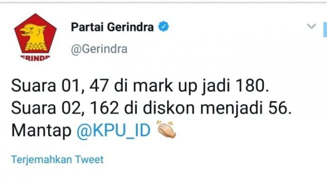 Partai Gerindra melalui akun twitternya @Gerindra mengunggah adanya perbedaan hasil perolehan surat suara. (Ist)