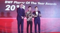 Pasangan ganda putra Indonesia, Kevin Sanjaya Sukamuljo/Marcus Fernaldi Gideon, memenangi penghargaan BWF Male Player of the Year 2018. [Humas PBSI]