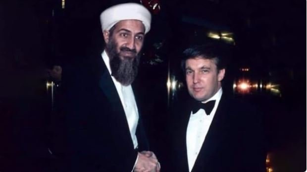 Foto hoaks Presiden AS Donald Trump ketika masih muda bersalaman dengan Osama Bin Laden. (Ist)