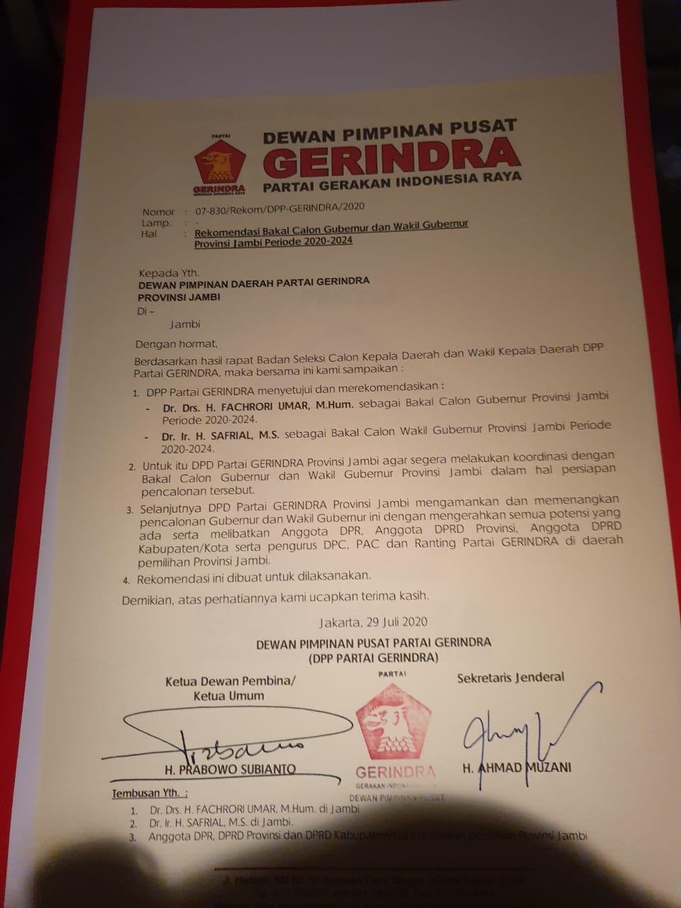 Surat rekomendasi partai gerindra untuk bacalon gubernur jambi, fachrori dan safrial. Foto: Jambiseru.com