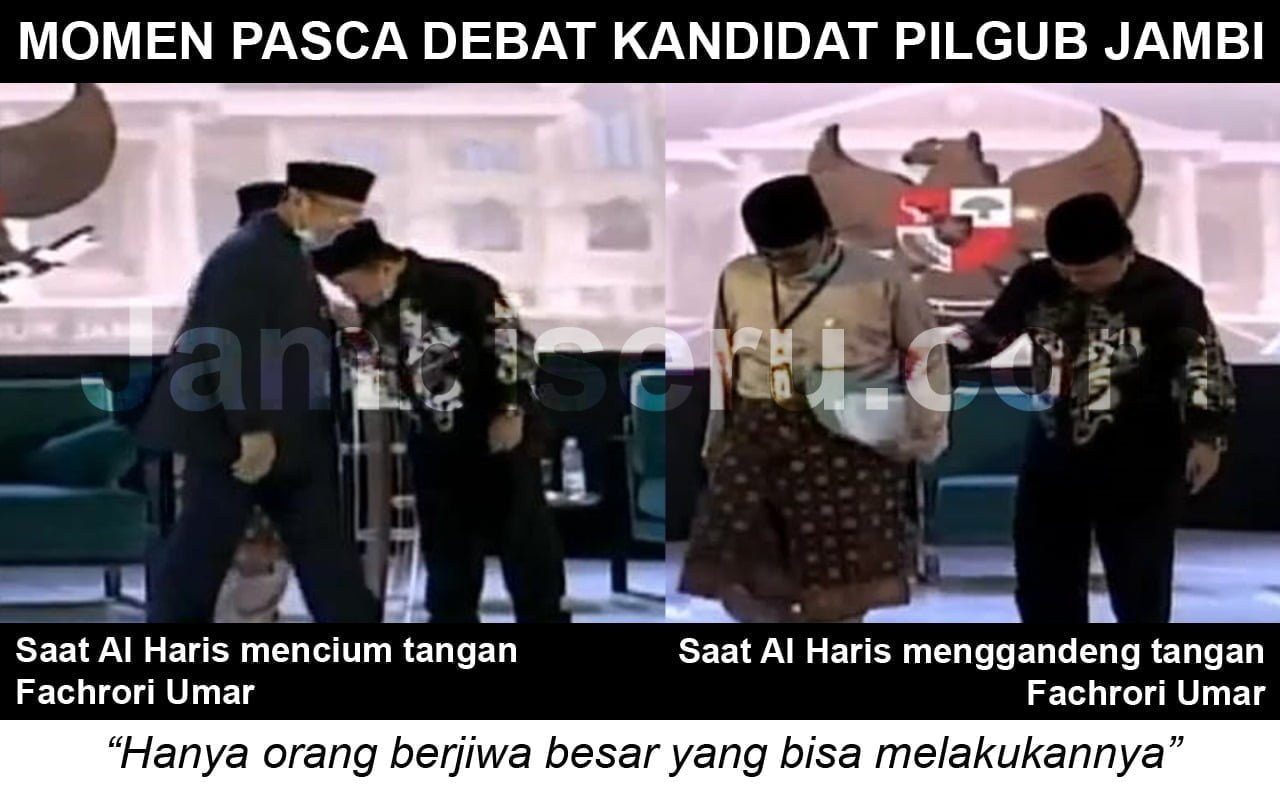Al Haris saat mencium dan menggandeng tangan fachrori seusai acara debat kadidat pilgub Jambi. Foto: Jambiseru.com
