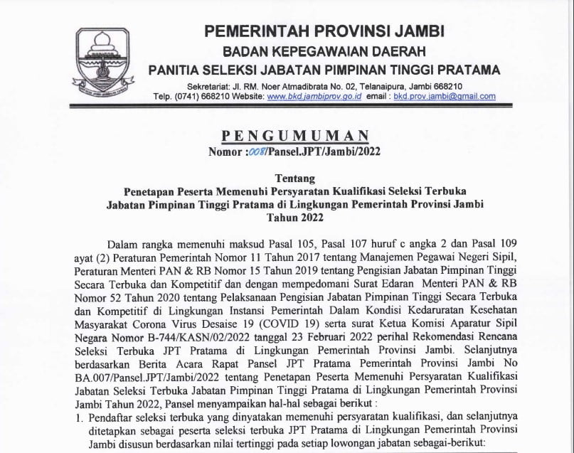 Daftar Nama Peserta Lelang Jabatan Pemerintah Provinsi Jambi Maret 2022