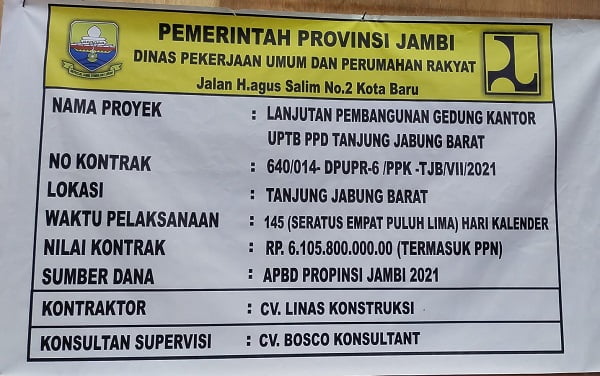 Papan pembangunan Kantor UPTB PDD Tanjabbar