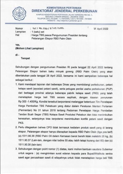 SK Kementan RI Dirjen Perkebunan Nomor 165/ KB.020/ E / 04 /2022 tentang Harga TBS pasca Pengumuman Presiden tentang Pelarangan Ekspor RBD Palm Olein - 1