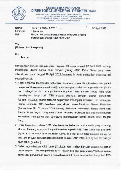 SK Kementan RI Dirjen Perkebunan Nomor 165/ KB.020/ E / 04 /2022 tentang Harga TBS pasca Pengumuman Presiden tentang Pelarangan Ekspor RBD Palm Olein - 1