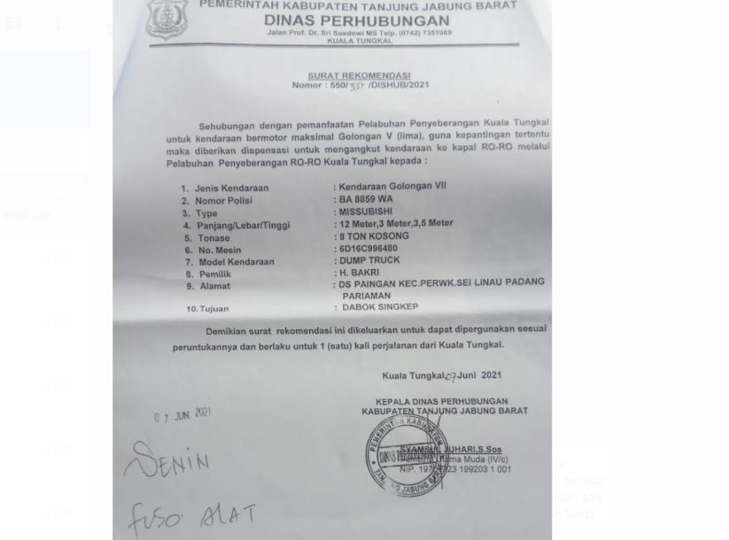Surat rekomendasi truk pelabuhan roro yang dikeluarkan Kadishub Tanjabbar
