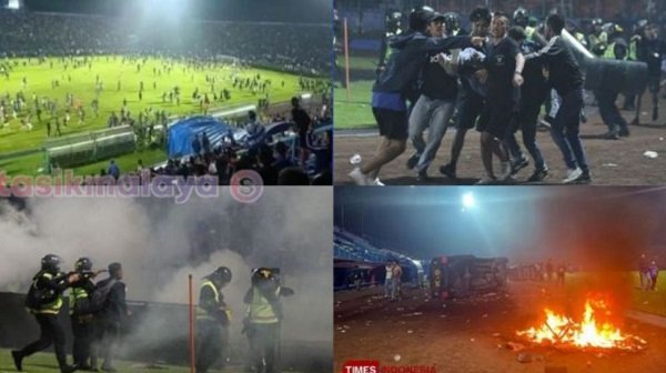 Kolase foto kerusuhan di Stadion Kanjuruhan usai pertandingan Arema vs Persebaya. (Suara.com)