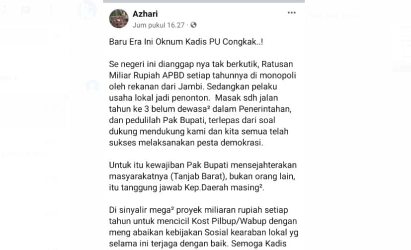 postingan-bujang-dewo-facebook SS facebook Bujang Dewo yang tersinggung saat diajak berkelahi oleh Kadis PUPR Tanjabbar Apri Dasman. Foto : SS Facebook