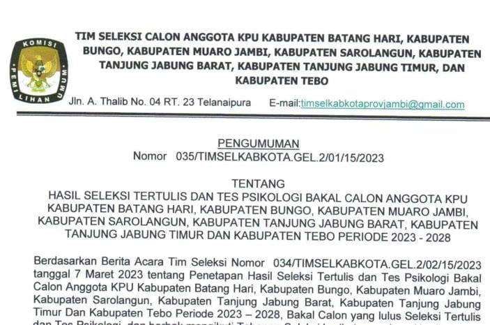 Seleksi kpu jambi 2023. Ada banyak wartawan yang lulus seleksi kali ini. Foto : Edaran KPU