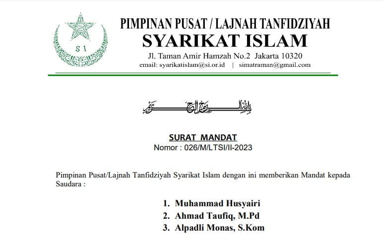 Surat mandat pembentukan DPW Syarikat Islam Jambi. Foto : Ist / Jambiseru.com