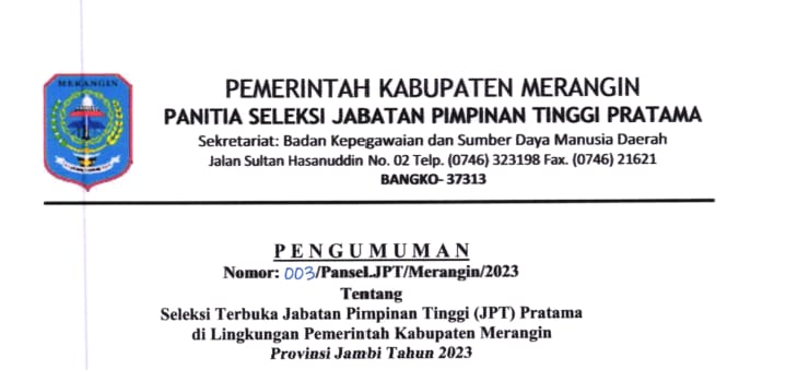 Surat edaran pendaftaran seleksi terbuka jabatan pimpinan tinggi di lingkup Pemkab Kabupaten Merangin.