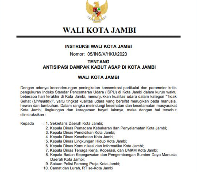 11 instruksi walikota jambi terkait kabut asap