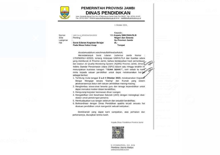 surat edaran dinas pendidikan provinsi jambi yang mengeluarkan kebijakan bahwa sma sederajat sekolah daring selama 2 hari. surat edaran dinas pendidikan provinsi jambi yang mengeluarkan kebijakan bahwa sma sederajat sekolah daring selama 2 hari.
