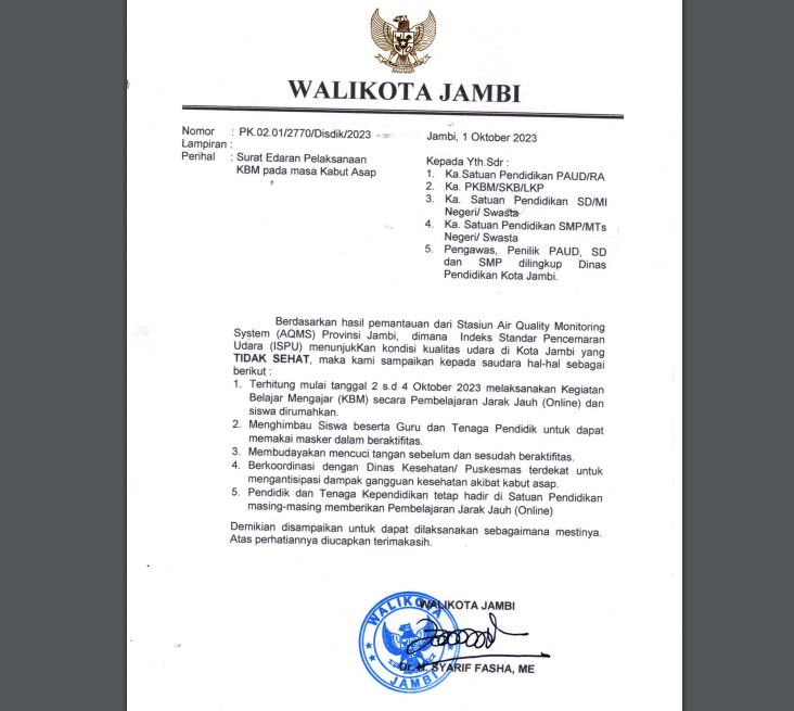 surat edaran resmi walikota jambi terkait sekolah belajar daring.