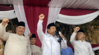 Capres Prabowo Subianto pidato usai menang Pilpres 2024 di Kertanegara, Jakarta.