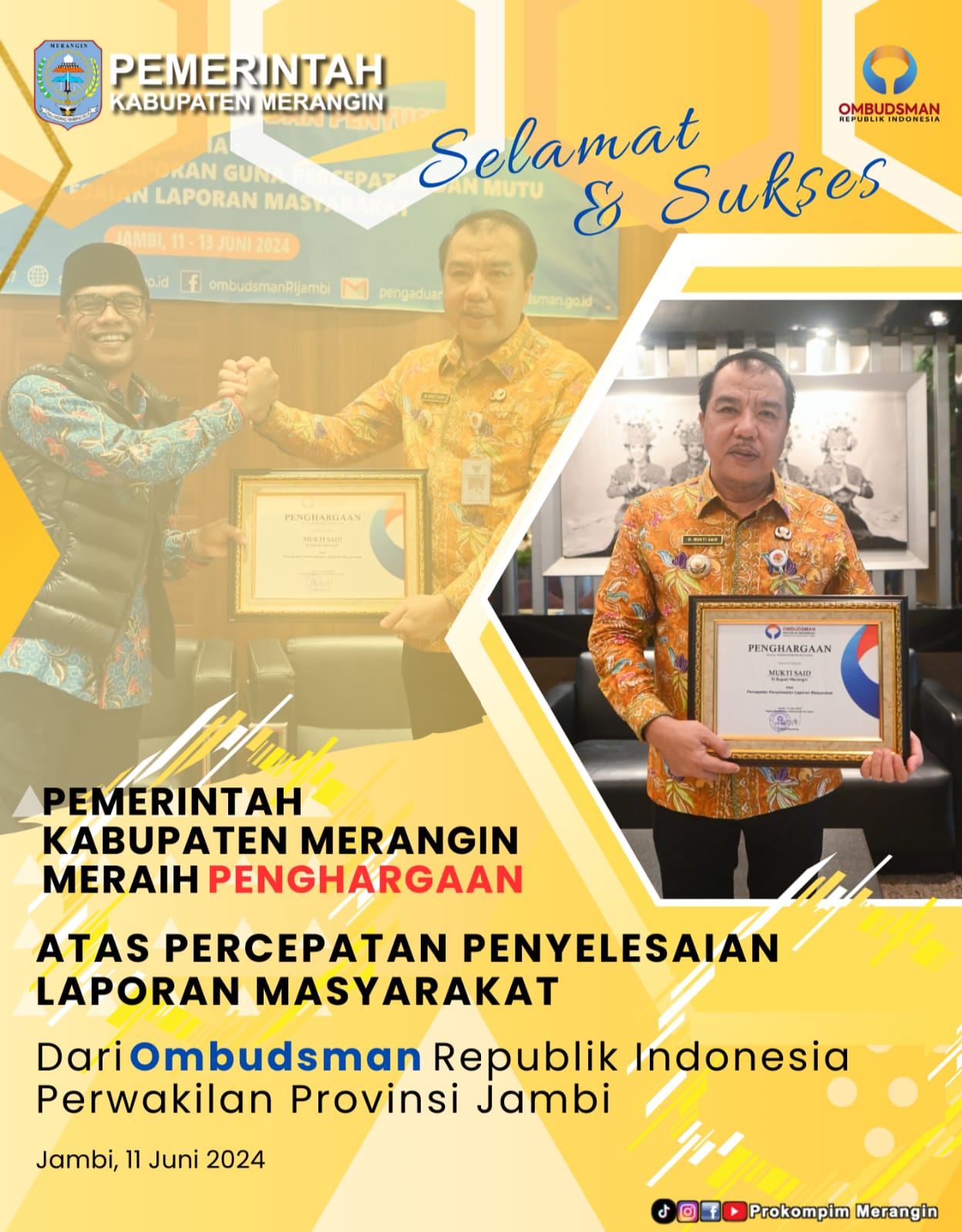 Pj Bupati Merangin H Mukti Said terima penghargaan dari Ombudsman RI.