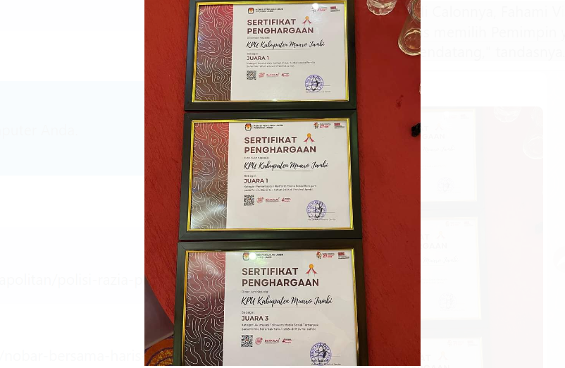 kpu muaro jambi raih 3 penghargaan di pemilu serentak provinsi jambi