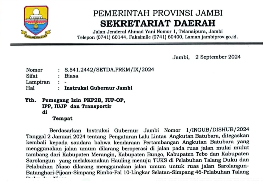 Surat yang dikeluarkan pemprov jambi soal angkutan batu bara. Surat yang dikeluarkan pemprov jambi soal angkutan batu bara.