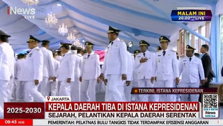 Sebuah momen pertama kali terjadi di Istana Merdeka. Sebanyak 481 kepala daerah beserta wakilnya melakukan kirab dari Monas ke Istana untuk mengikuti pelantikan oleh Presiden Prabowo Subianto. Sebuah momen pertama kali terjadi di Istana Merdeka. Sebanyak 481 kepala daerah beserta wakilnya melakukan kirab dari Monas ke Istana untuk mengikuti pelantikan oleh Presiden Prabowo Subianto.