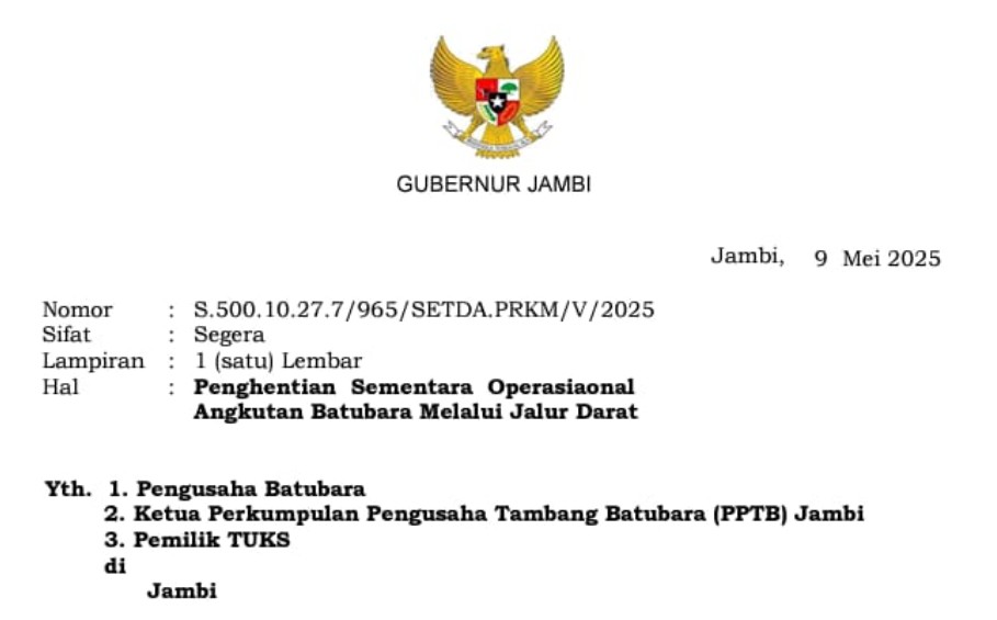Gubernur Jambi, Al Haris resmi menggeluarkan surat penghentian operasional angkutan batu bara jalur darat.