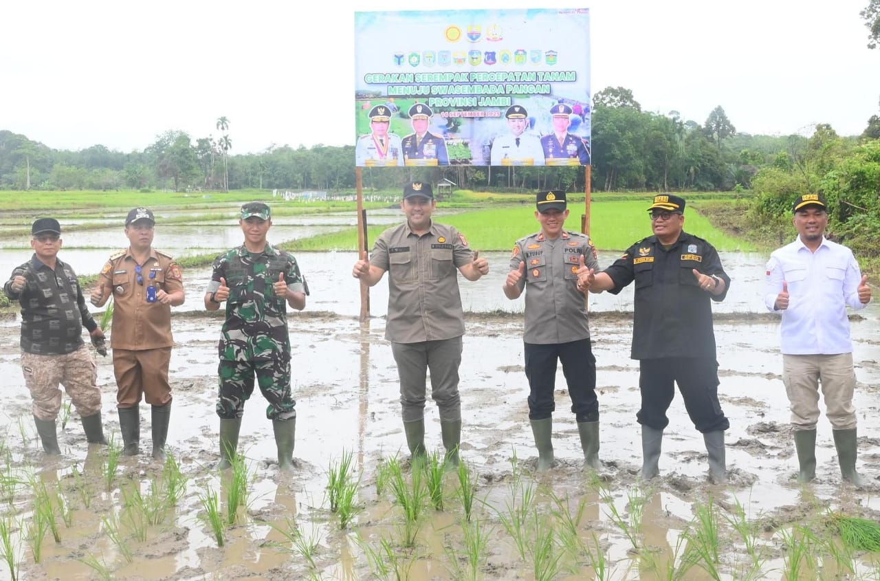 Bupati Merangin H M Syukur bersama Dandim 0420/Sarko Letkol Inf Yakhya Wisnu Arianto, Kapolres AKBP Kiki Firmansyah diwakili Kapolsek Tabir, Kajari Bintang diwakili Kasi Datun Buchori, Wakil Ketua DPRD Herman Effendi dan Ahmad Fahmi, tanam padi sawah serentak, Selasa (16/9/2025). Bupati Merangin H M Syukur bersama Dandim 0420/Sarko Letkol Inf Yakhya Wisnu Arianto, Kapolres AKBP Kiki Firmansyah diwakili Kapolsek Tabir, Kajari Bintang diwakili Kasi Datun Buchori, Wakil Ketua DPRD Herman Effendi dan Ahmad Fahmi, tanam padi sawah serentak, Selasa (16/9/2025).