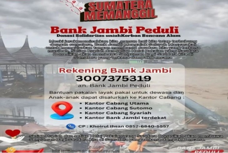 Bank Jambi Buka Rekening Donasi Korban Bencana Longsor dan Banjir Sumatera