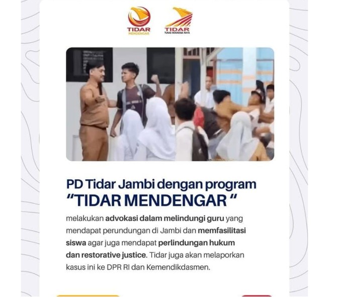TIDAR Mendengar Turun ke Jambi: Advokasi Guru Korban Perundungan, Dorong Perlindungan Hukum dan Restorative Justice