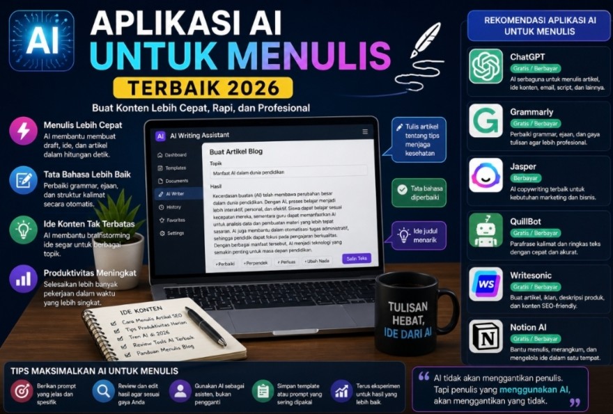 Aplikasi AI untuk Menulis Terbaik 2026 yang Wajib Dicoba untuk Konten Cepat, Rapi, dan Profesional
