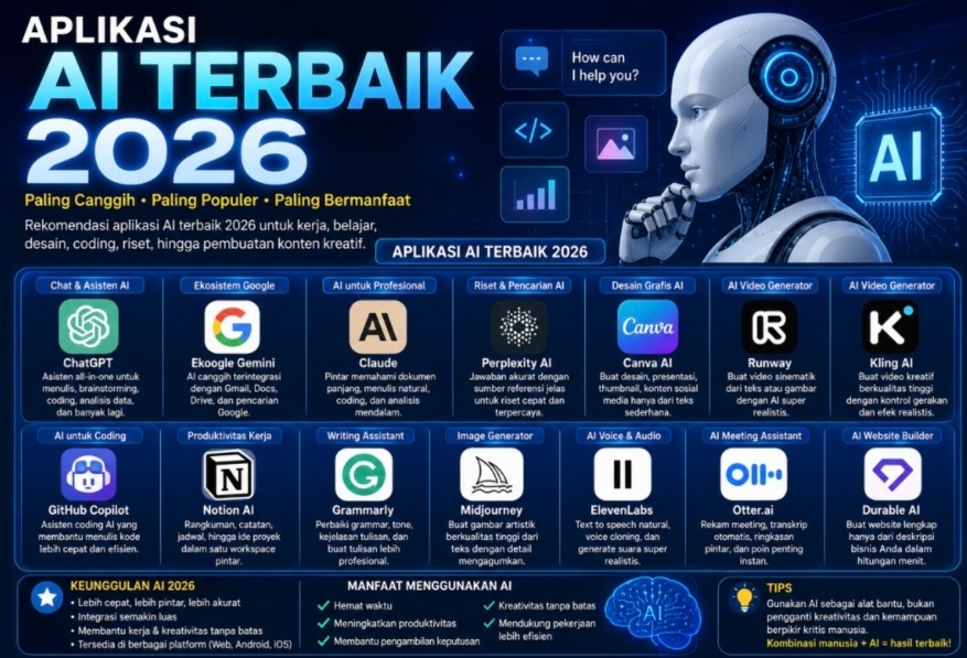 Aplikasi AI Terbaik 2026 yang Paling Banyak Dipakai: ChatGPT, Gemini, Claude hingga AI Video Viral yang Bikin Kerja dan Konten Makin Gila Cepatnya