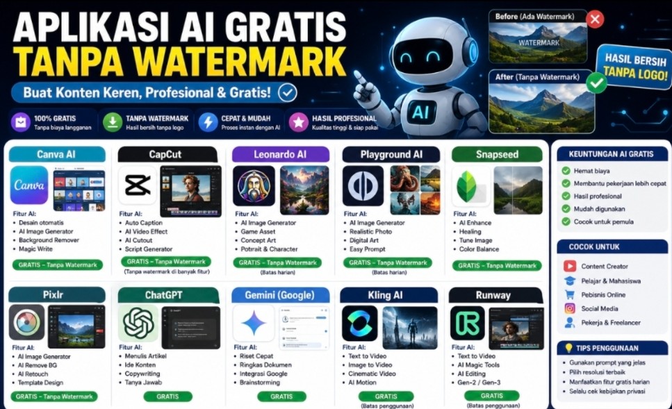 Aplikasi AI Gratis Tanpa Watermark yang Lagi Viral 2026: Edit Foto, Video, Desain hingga Konten Profesional Tanpa Bayar Mahal