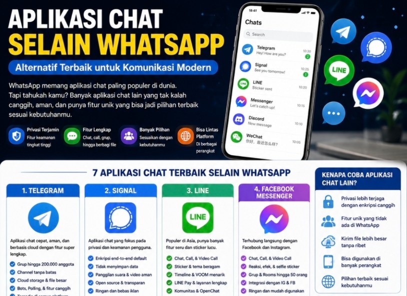 Aplikasi Chat Selain WhatsApp yang Paling Populer 2026: Telegram, Discord, Signal hingga AI Chat Modern yang Lagi Viral Aplikasi Chat Selain WhatsApp yang Paling Populer 2026: Telegram, Discord, Signal hingga AI Chat Modern yang Lagi Viral