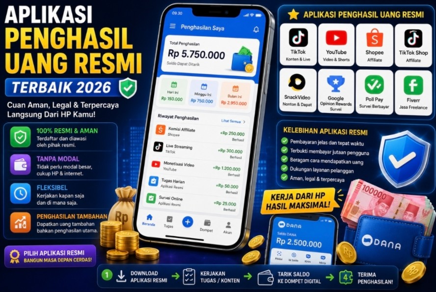 Aplikasi Penghasil Uang Resmi Terbaik 2026: Cara Aman Mendapatkan Penghasilan Tambahan dari Smartphone Aplikasi Penghasil Uang Resmi Terbaik 2026: Cara Aman Mendapatkan Penghasilan Tambahan dari Smartphone