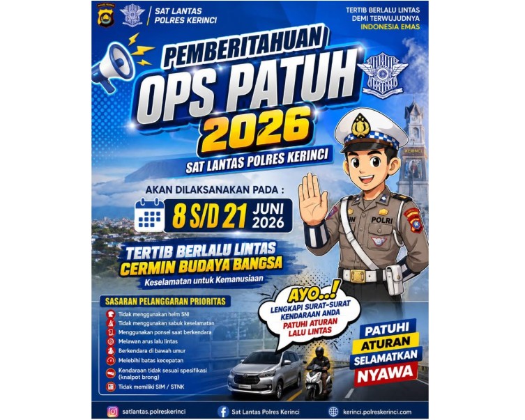Dimulai 8 Juni, Satlantas Polres Kerinci Siap Gelar Operasi Patuh Siginjai 2026 Dimulai 8 Juni, Satlantas Polres Kerinci Siap Gelar Operasi Patuh Siginjai 2026