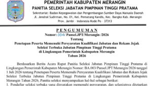 Panitia Seleksi (Pansel) resmi menetapkan peserta yang memenuhi persyaratan kualifikasi jabatan dan rekam jejak dalam Seleksi Terbuka (Selter) Jabatan Pimpinan Tinggi (JPT) Pratama di lingkungan Pemerintah Kabupaten Merangin Tahun 2026.