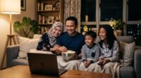 keluarga sedang menikmati film melalui laptop