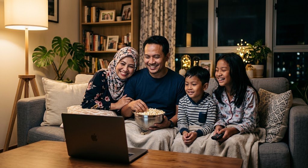 keluarga sedang menikmati film melalui laptop