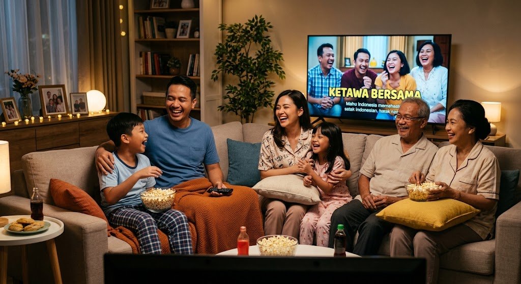 Keluarga sedang Tertawa Menonton Film Komedi
