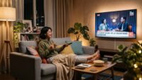 Anak muda sedang santai menonton podcast di tv Anak muda sedang santai menonton podcast di tv