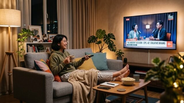 Anak muda sedang santai menonton podcast di tv