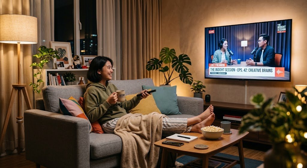 Anak muda sedang santai menonton podcast di tv