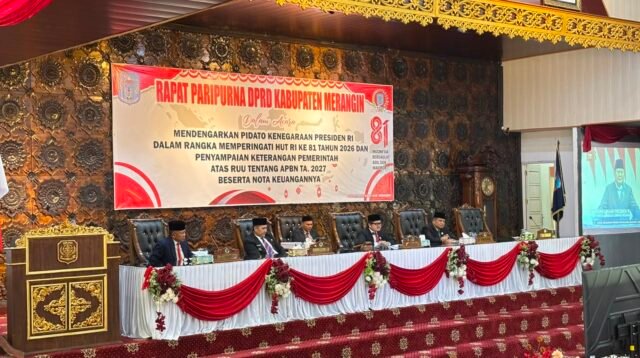 Dewan Perwakilan Rakyat Daerah (DPRD) Kabupaten Merangin menggelar rapat paripurna dengan agenda mendengarkan pidato kenegaraan Presiden Republik Indonesia Prabowo Subianto dalam rangka memperingati Hari Ulang Tahun (HUT) ke-81 Kemerdekaan Republik Indonesia, Jumat (14/8/2026).