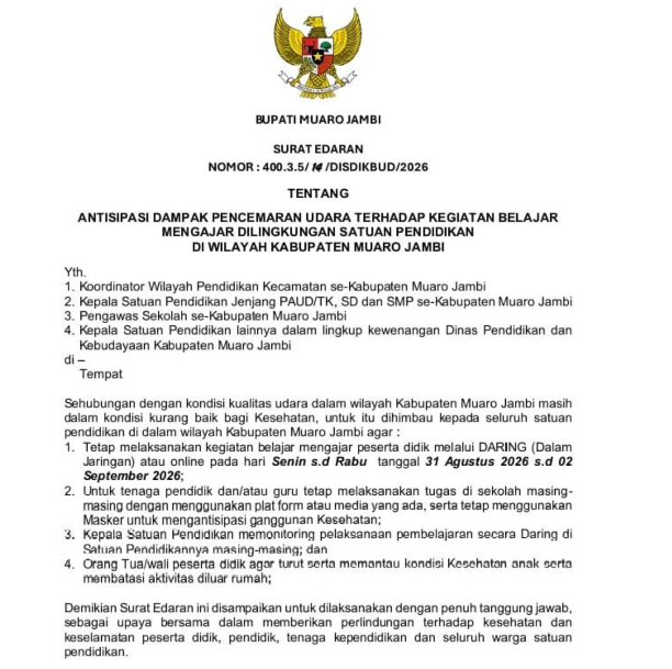 Sekolah di Muaro Jambi Kembali Daring, BBS: Keselamatan Siswa Jadi Prioritas