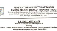 Panitia Seleksi (Pansel) Jabatan Pimpinan Tinggi (JPT) Pratama Pemerintah Kabupaten Merangin resmi mengumumkan tiga peserta terbaik pada seleksi terbuka pengisian tiga jabatan pimpinan tinggi pratama tahun 2026. Panitia Seleksi (Pansel) Jabatan Pimpinan Tinggi (JPT) Pratama Pemerintah Kabupaten Merangin resmi mengumumkan tiga peserta terbaik pada seleksi terbuka pengisian tiga jabatan pimpinan tinggi pratama tahun 2026.