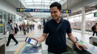Pria menggunakan NFC di HP