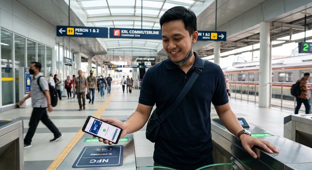 Pria menggunakan NFC di HP