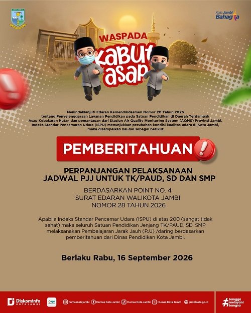 kabut asap kian pekat, pemkot jambi resmi perpanjang sekolah daring untuk tk hingga smp
