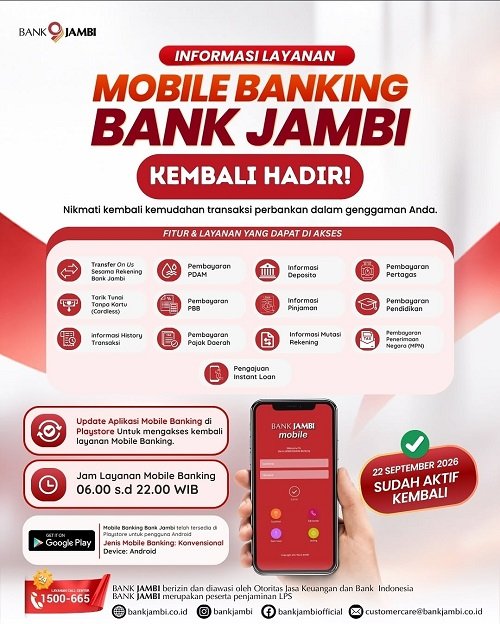 mobile banking bank jambi kembali normal, nasabah wajib update aplikasi