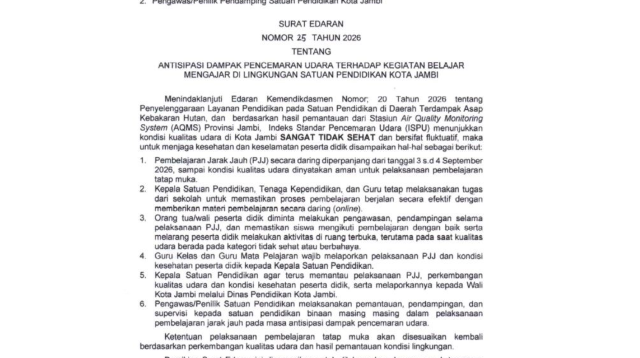 Kabut Asap Masih Pekat, Pemkot Jambi Perpanjang Sekolah Daring hingga 4 September 2026