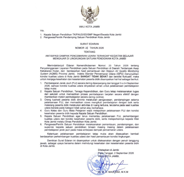 Kabut Asap Masih Pekat, Pemkot Jambi Perpanjang Sekolah Daring hingga 4 September 2026